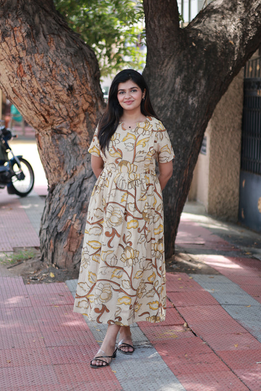 Kalamkari Cotton Maternity Feeding Gown/ Maxi / Double side zip– Brown with Yellow