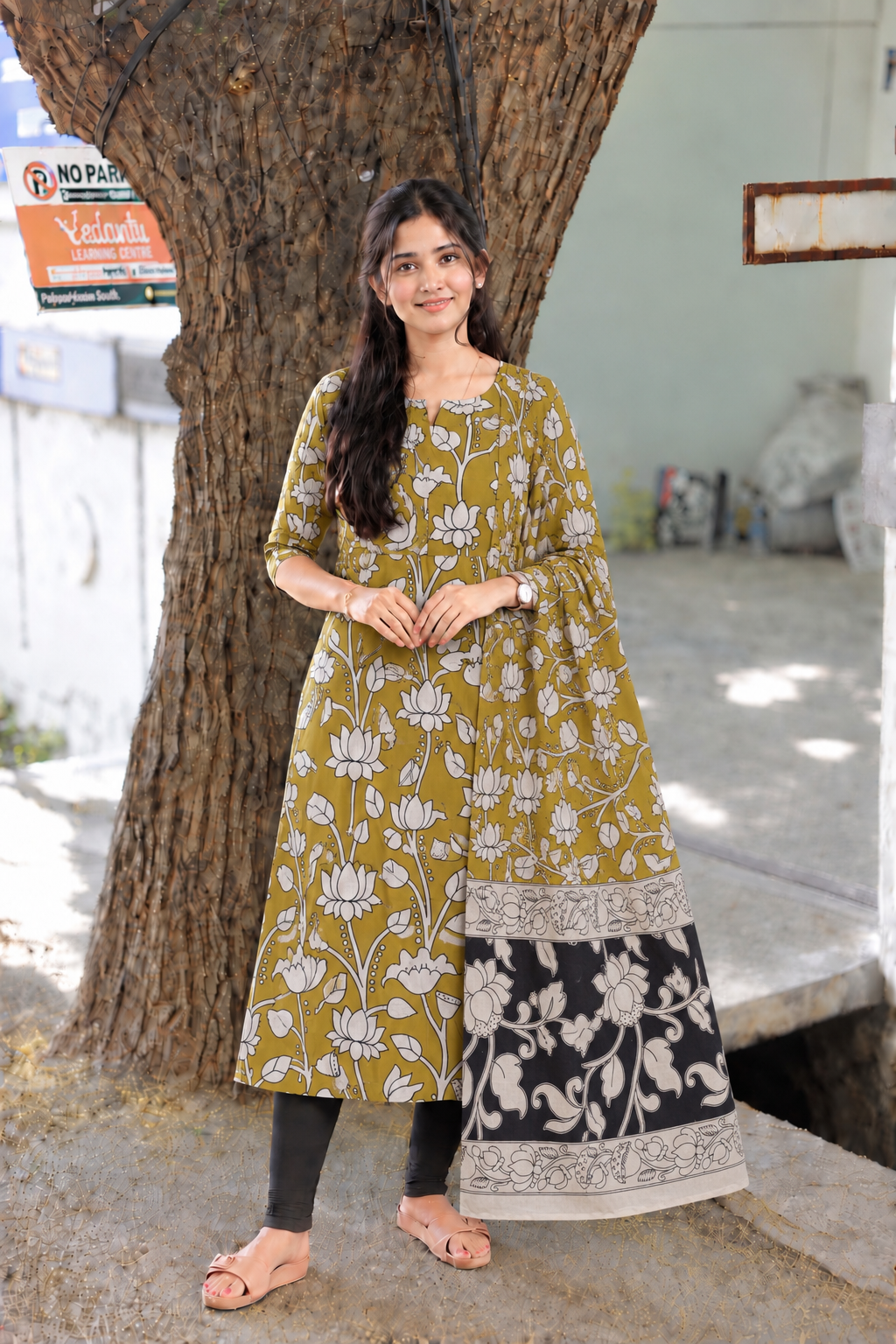 Block printed kalamkari cotton Maternity 2 pc chudidhar set [ Top with double side zip, and dupatta -Green flower