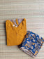 Block printed kalamkari cotton Maternity 2 pc chudidhar set [ Top with center zip, and dupatta - Yellow and blue Kalamkari