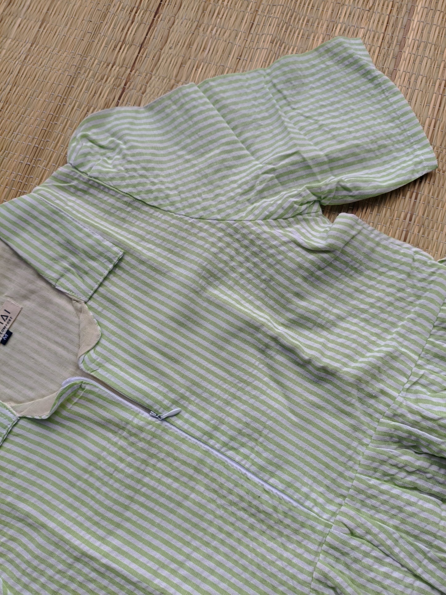 Popcorn Cotton - Feeding/ Maternity Maxi/Gown - Cotton lining /Center zip -Collar White with Green stripe