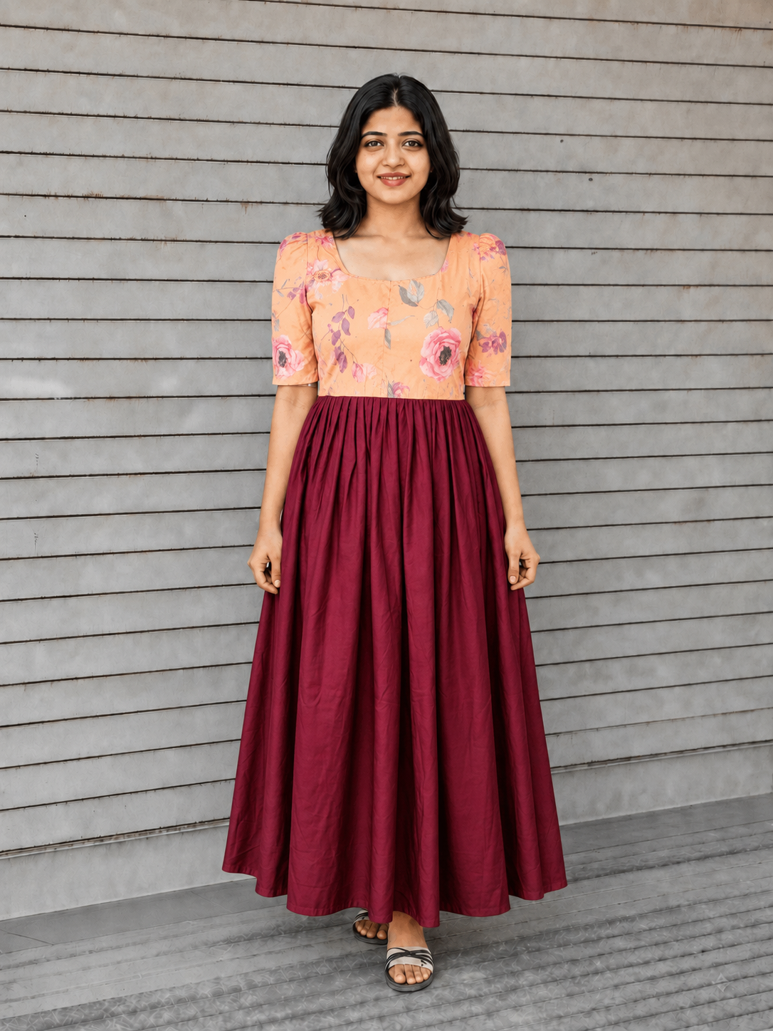 Raw silk Maternity Maxi/Gown in center zip - Festival Collection- Full cotton lining - Maroon with orange flower