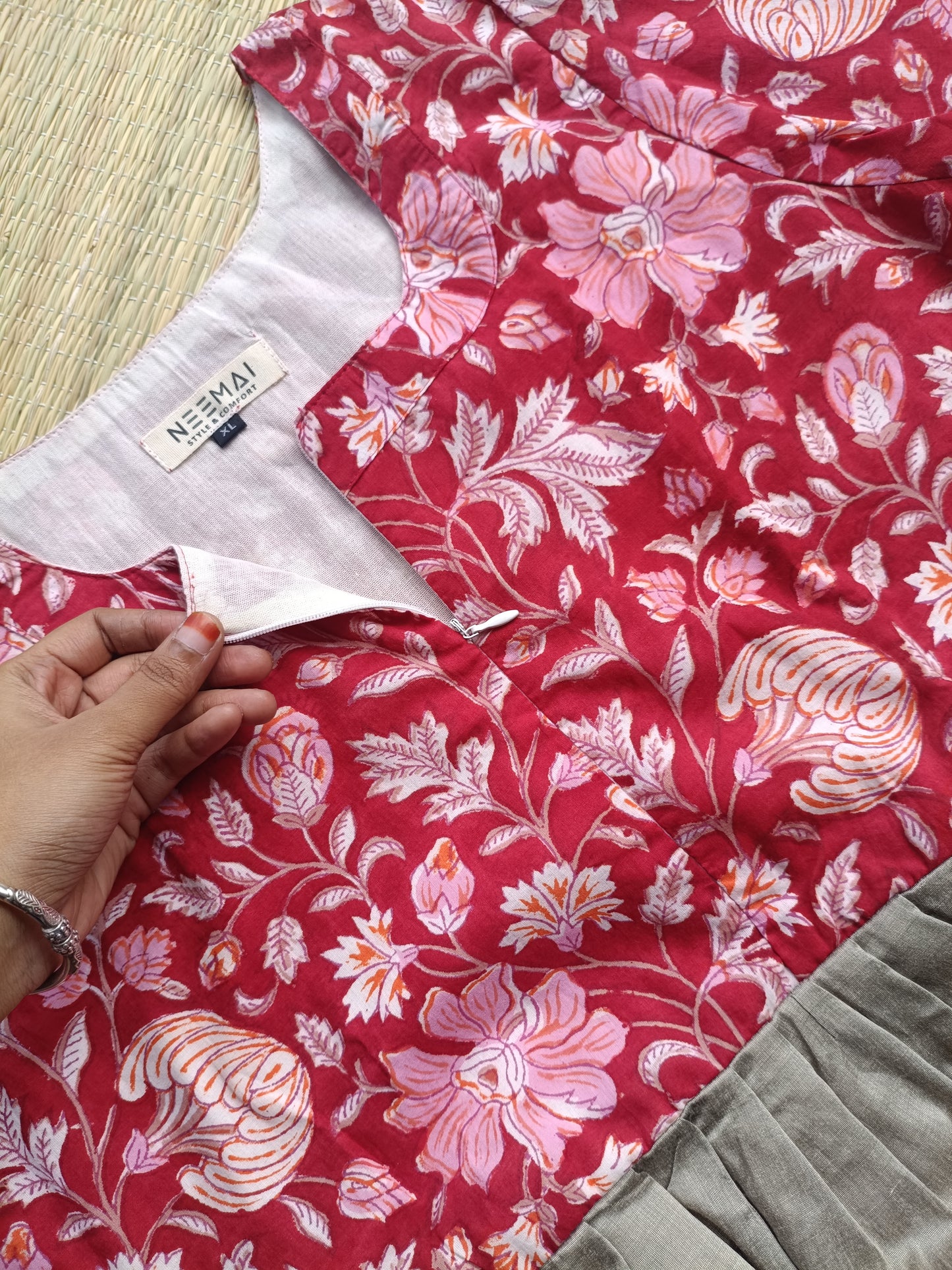 Cotton / Raw silk Maternity Maxi/Gown in center zip - Festival Collection- Full cotton lining - silver with red leaf