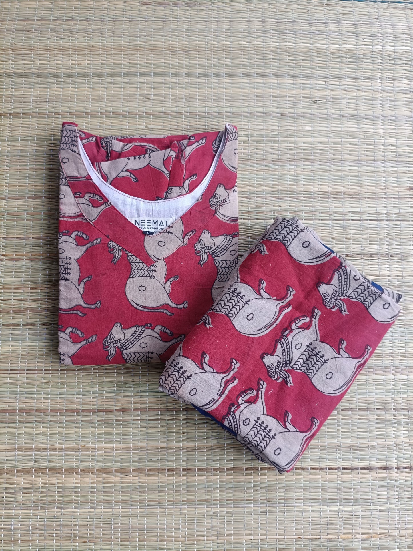 Block printed kalamkari cotton Maternity 2 pc chudidhar set [ Top with double side zip, and dupatta - Red pichwai