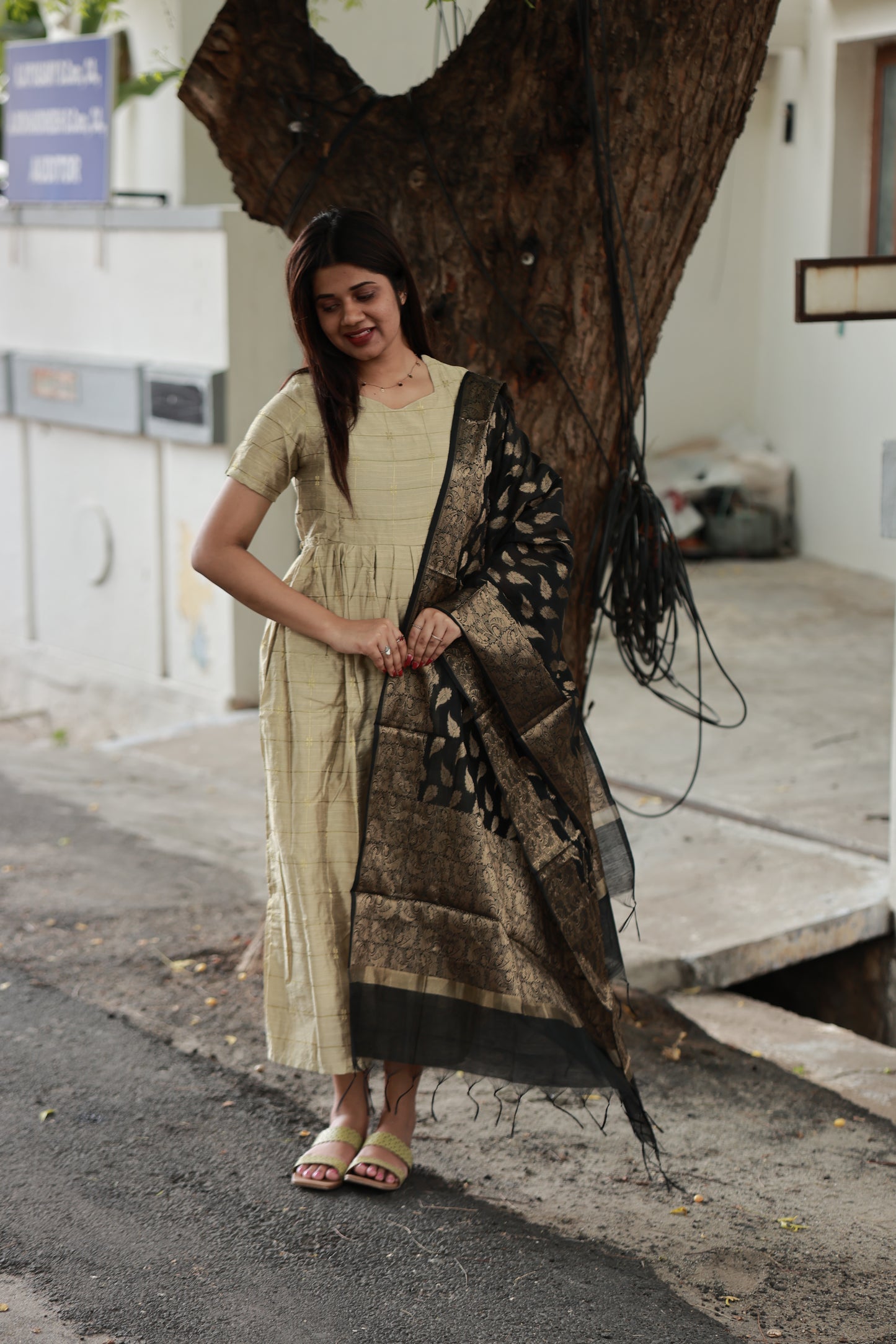 Raw silk Maternity Maxi/Gown - Festival Collection - Light gold Gown with Brocade Dupatta