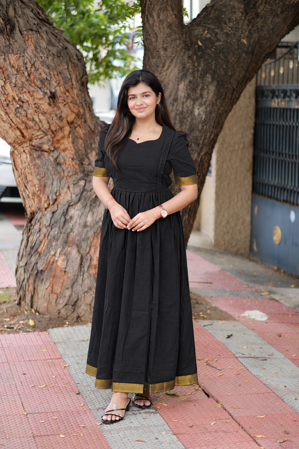 Chettinad Cotton -2 pc set -Maternity Maxi/Gown - Festival Collection -Full cotton lining- Double side zip with dupatta- Black and sandal