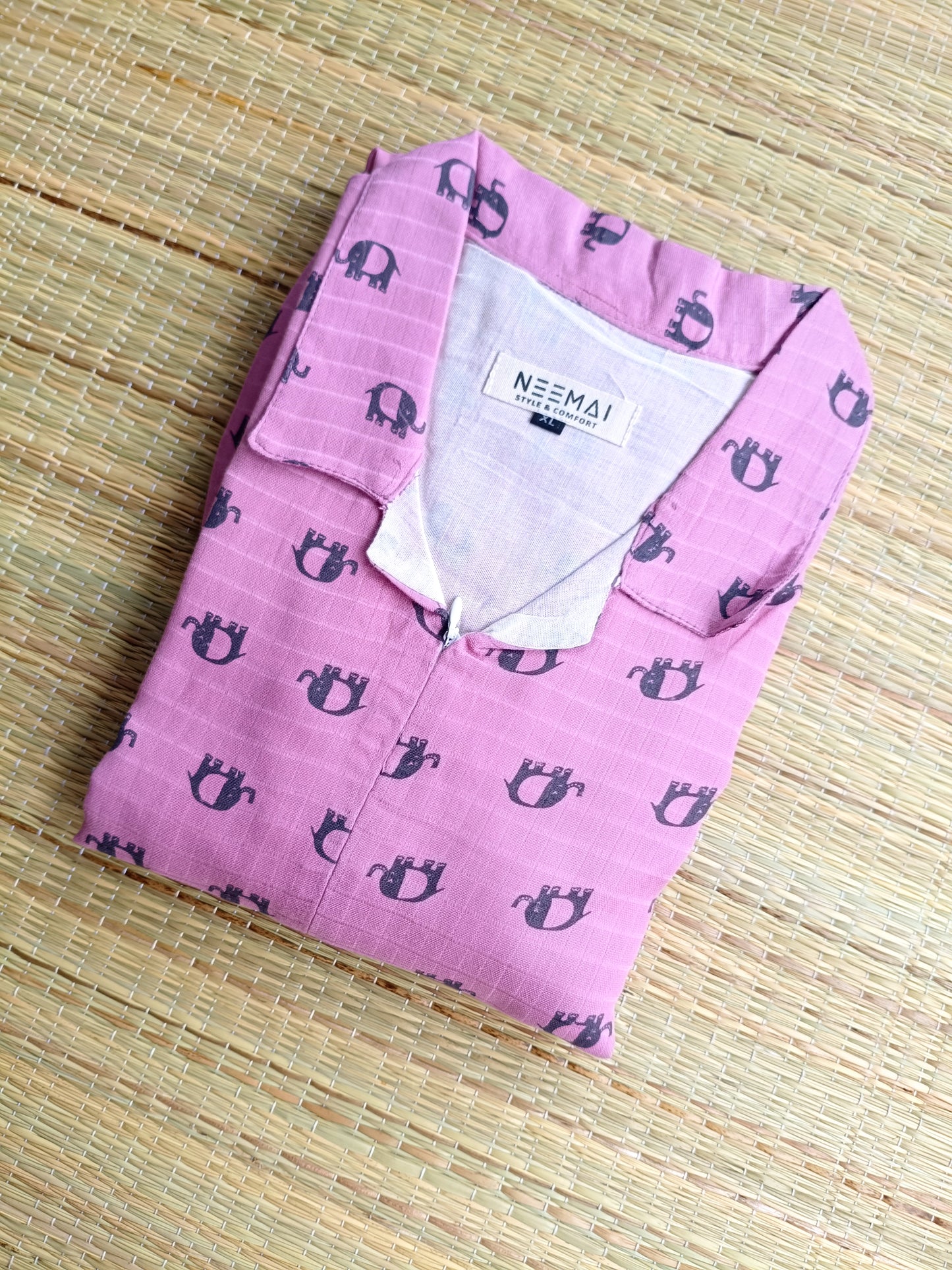 Premium Muslin - Feeding/ Maternity Maxi/Gown - Cotton lining /Center zip -Collar pink and black elephant
