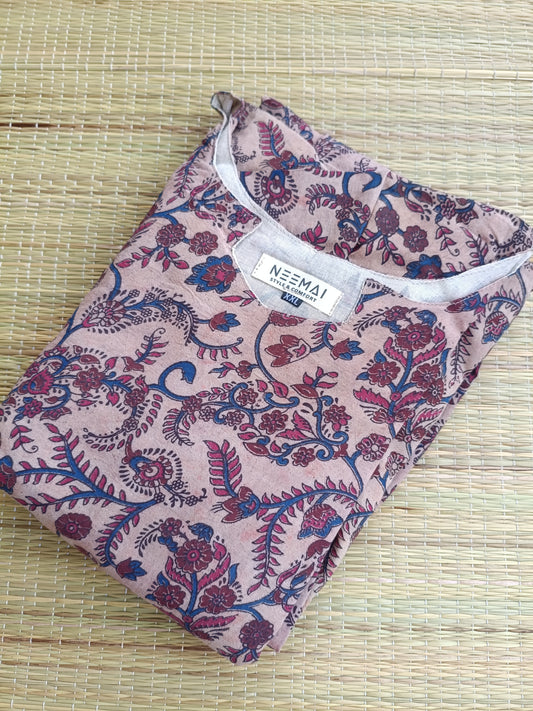 Kalamkari Cotton Maternity Feeding Gown/ Maxi /Double Side Zip- Mini blue flower
