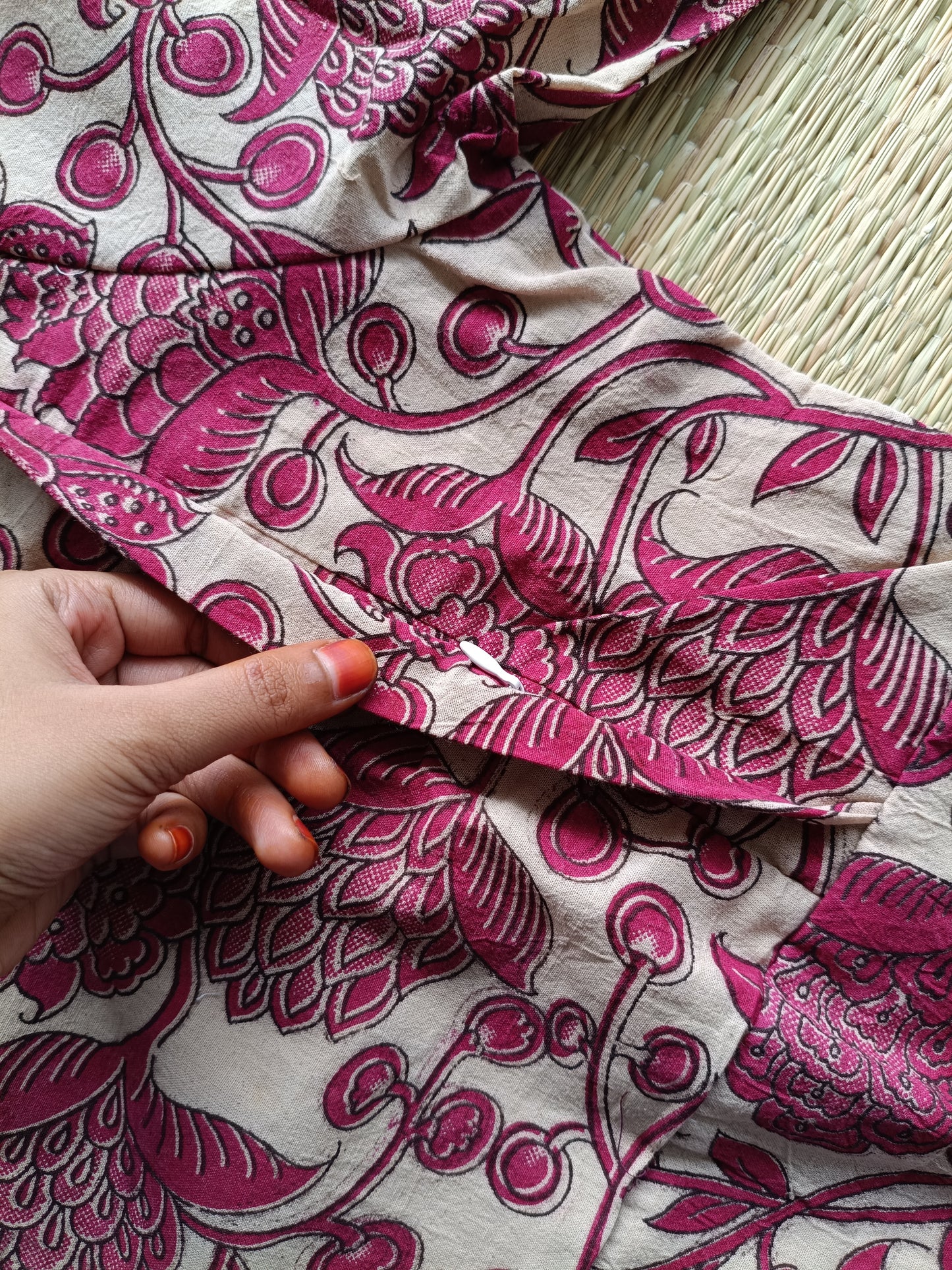 Block printed kalamkari cotton Maternity 2 pc chudidhar set [ Top with double side zip, and dupatta - Sandal and pink flower