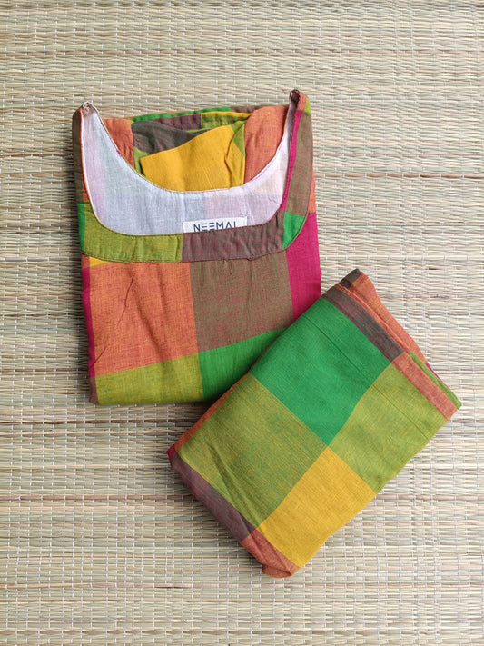 Madras check/ cotton Maternity 2 pc chudidhar set [ Top with double side zip, and Pant - Pink, Green and yellow