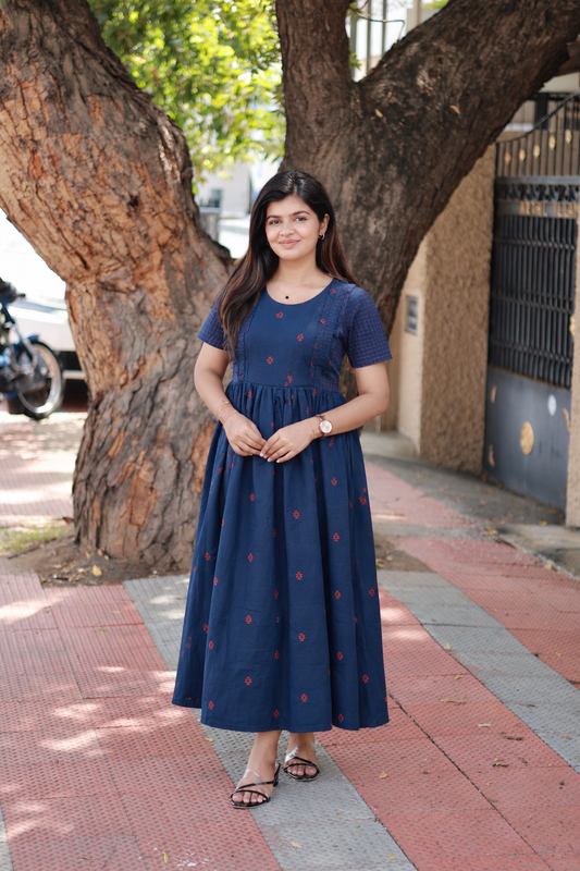 Handloom Cotton Maternity Feeding Gown/ maxi / Double side zip–Navy blue with pink butta