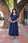 Handloom Cotton Maternity Feeding Gown/ maxi / Double side zip–Navy blue with pink butta