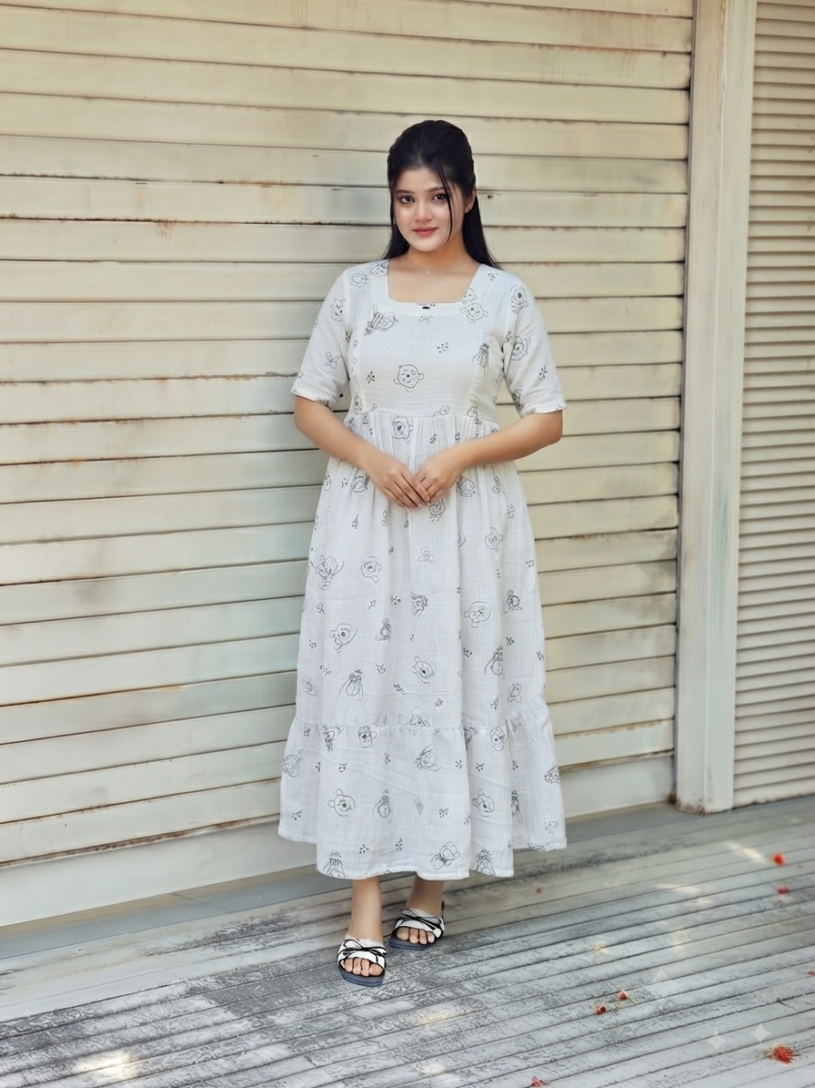 Premium Muslin- Feeding/ Maternity Maxi/Gown - Cotton lining /Double side zip - White with Animals