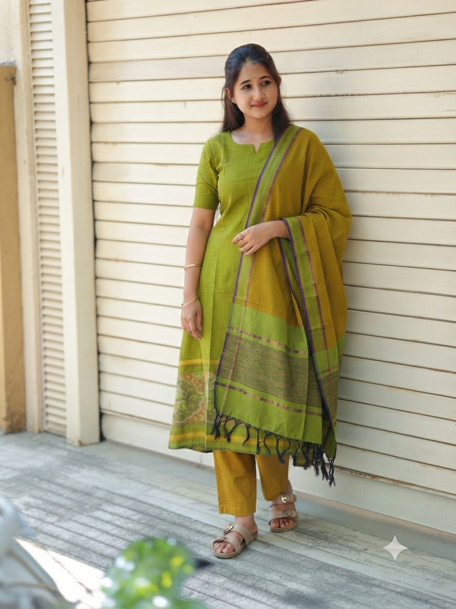 Pochampally sico set/ maternity 3 pc chudidhar set [ Top with center  zip, pand and dupatta - Light green