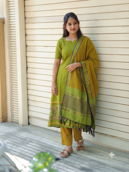 Pochampally sico set/ maternity 3 pc chudidhar set [ Top with center  zip, pand and dupatta - Light green