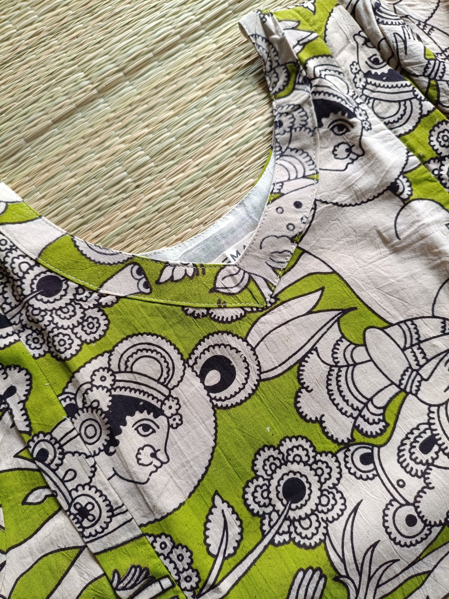 Block printed kalamkari cotton Maternity 2 pc chudidhar set [ Top with double side zip, and dupatta - Yazhi Green