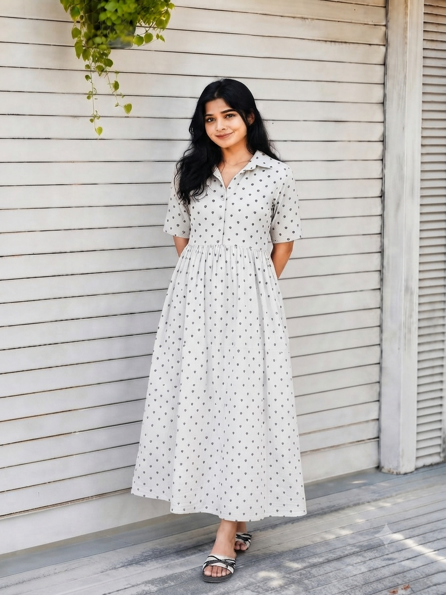 Handloom Cotton - Feeding/ Maternity Maxi/Gown - Cotton lining /Center zip -Collar White with black dots