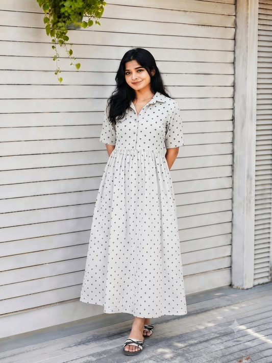 Handloom Cotton - Feeding/ Maternity Maxi/Gown - Cotton lining /Center zip - Collar White with black dots