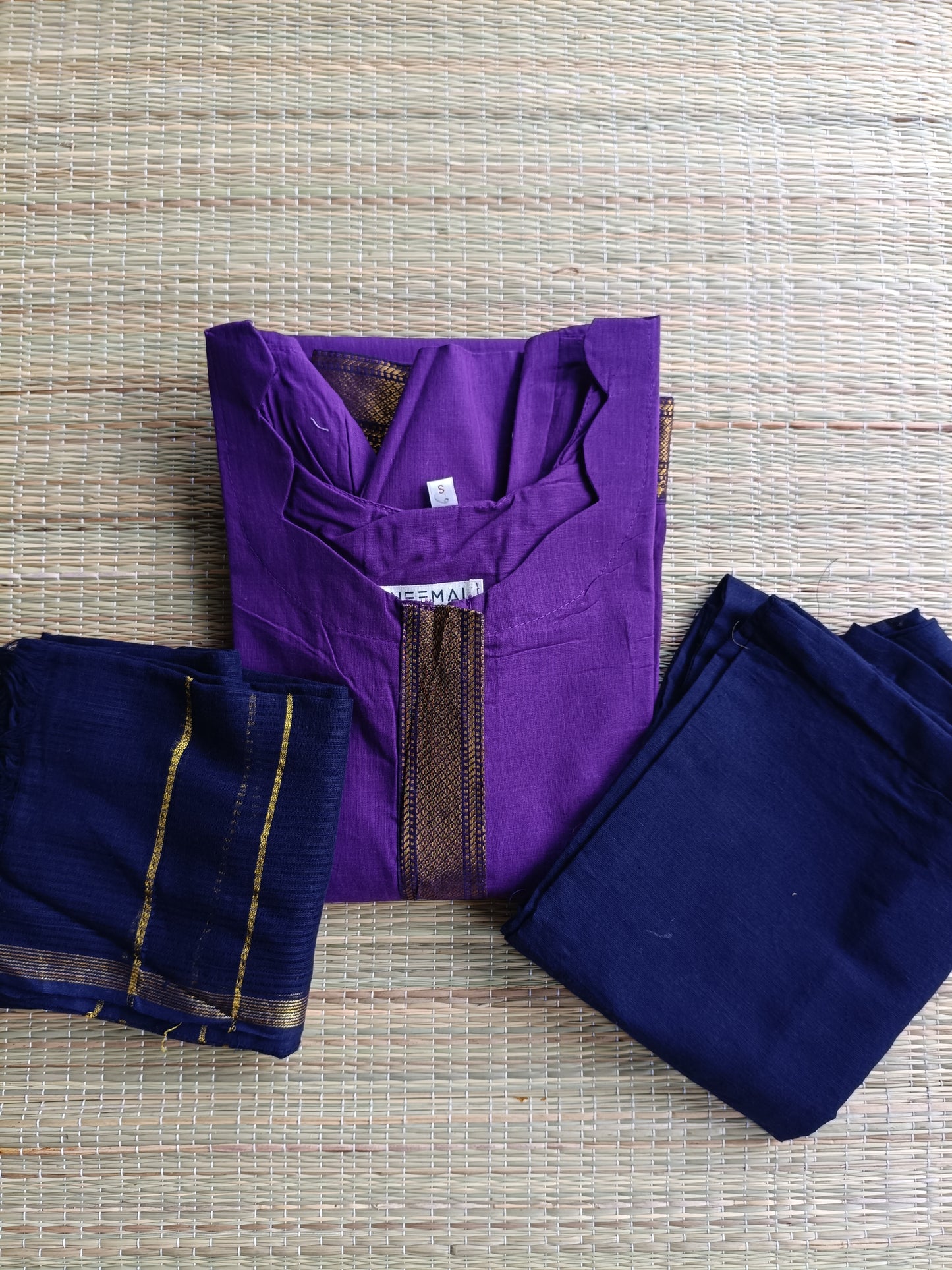 Handloom chetti nadu  cotton Maternity 3 pc chudidhar set [ Top with center zip, pant and dupatta] -  purple