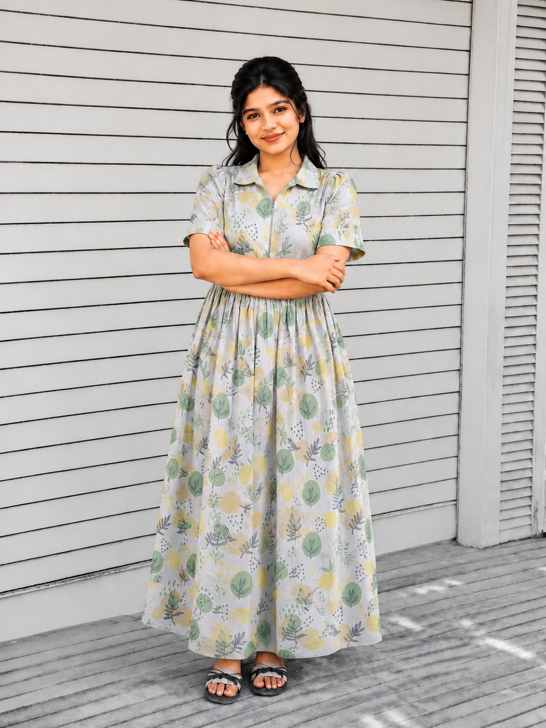 Premium Muslin - Feeding/ Maternity Maxi/Gown - Cotton lining with Center zip -Collar Green leaf
