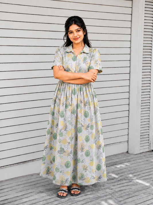 Premium Muslin - Feeding/ Maternity Maxi/Gown - Cotton lining with Center zip -Collar Green leaf