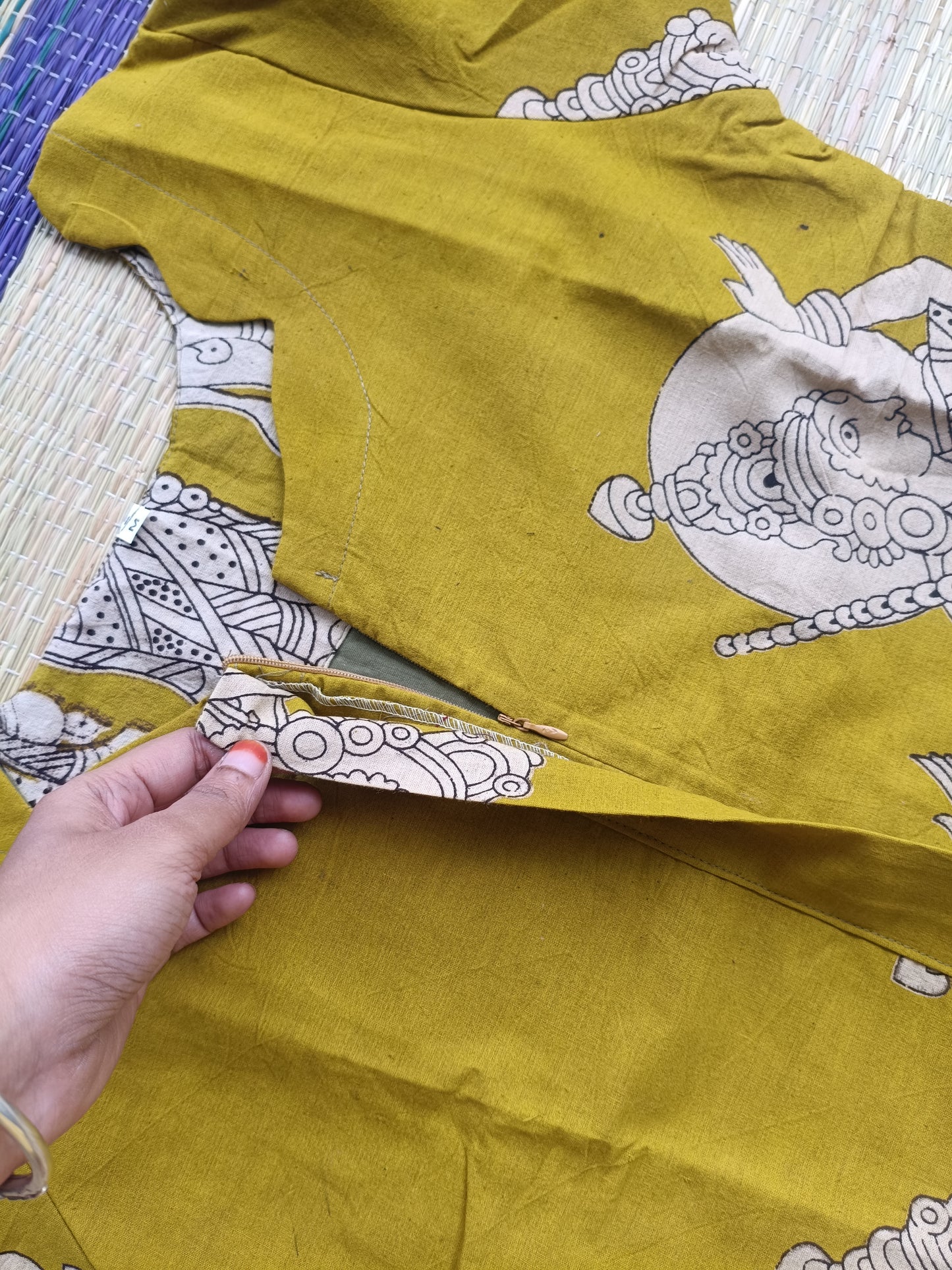 Block printed kalamkari cotton Maternity 3 pc chudidhar set [ Top with center zip, Pant and dupatta - Green ( A line kurti -No side open)