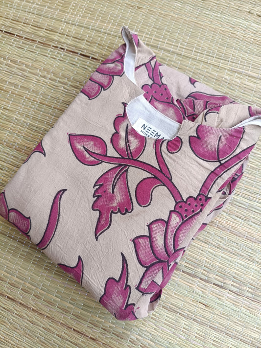 Kalamkari Cotton Maternity Feeding Gown/ maxi - double size zip- Big lotus pink