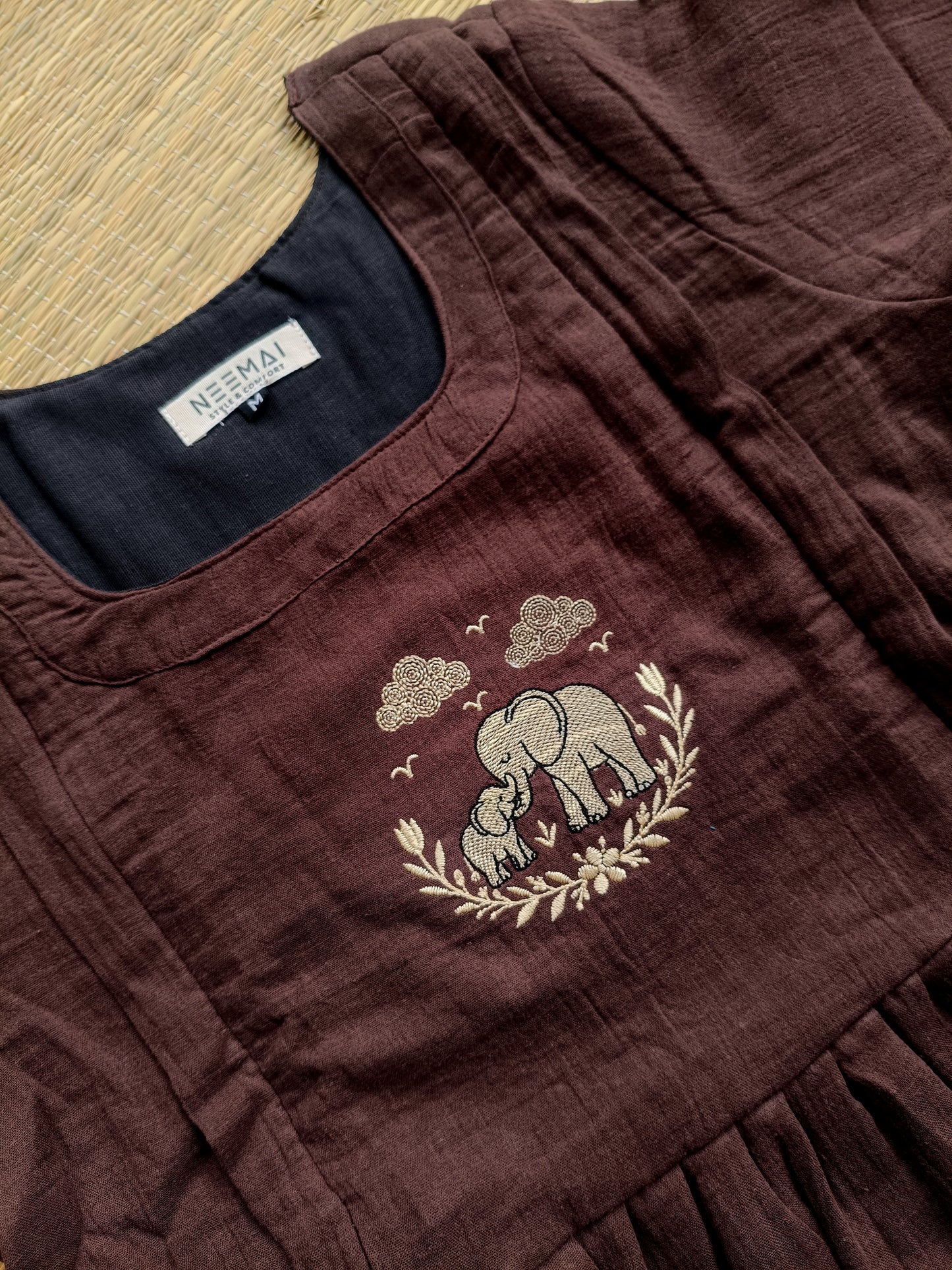 Muslin Cotton Maternity Feeding Dress – Brown| Double Side Nursing Zip( elephant embroidery Design)