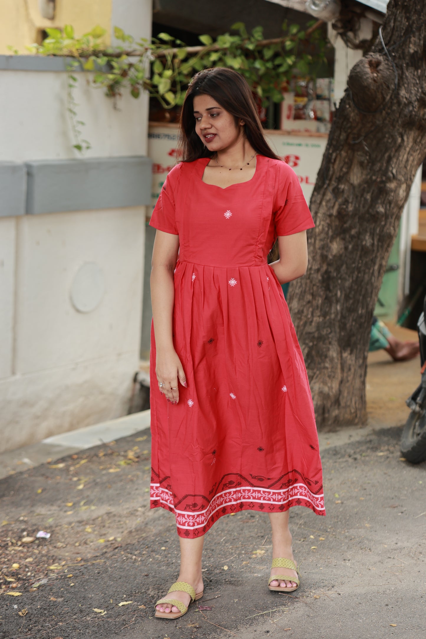Handloom Jamdani - Maternity / Feeding - Maxi/Gown -Full Cotton Lining - Double side Zips - Tomato Red