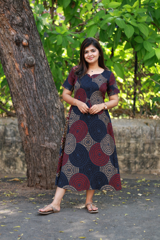 Kalamkari Cotton  A line Maternity Feeding Kurti /Center Zip(Dress length 45 inches)-Red  Chakkara