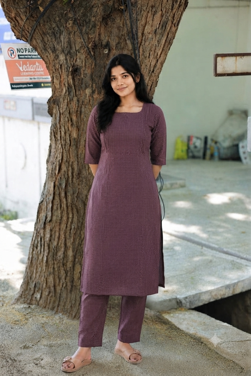 Prewashed pure Cotton checks / Maternity 2 pc Coordset [ Top with double side zip, and Pant]  -Small checks purple