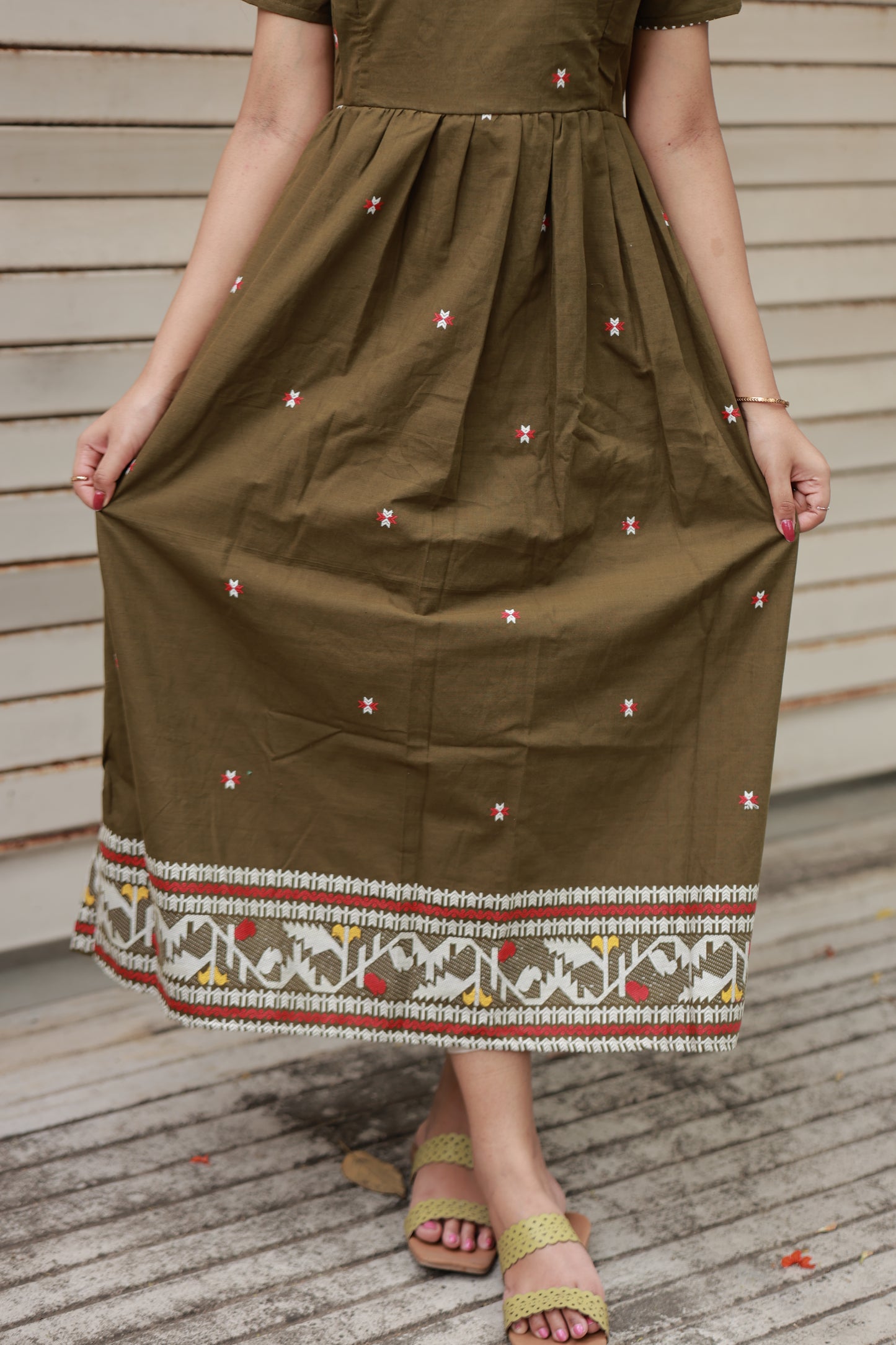 Handloom Jamdani - Maternity / Feeding - Maxi/Gown - Full Cotton Lining - Double side Zips - olive green