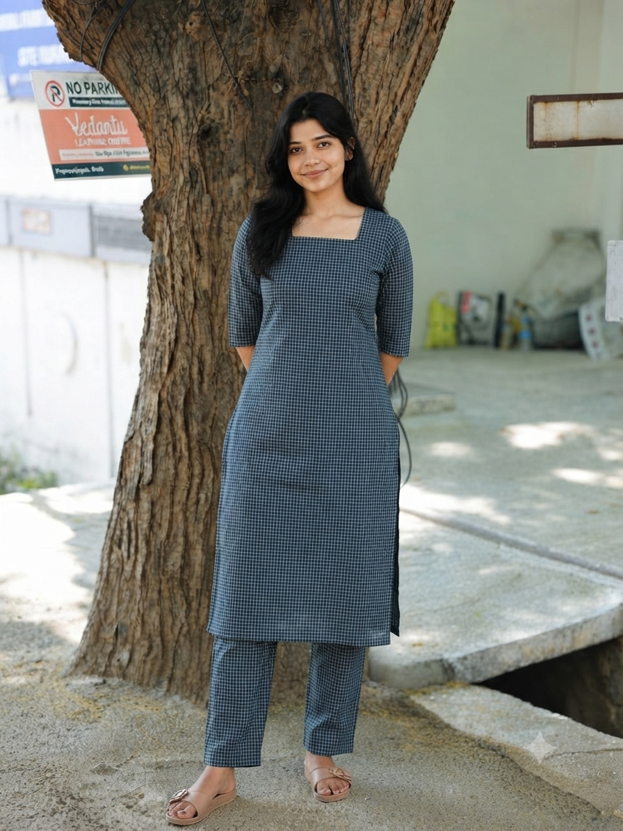 Prewashed pure Cotton checks / Maternity 2 pc Coordset [ Top with double side zip, and Pant] - Small checks blue