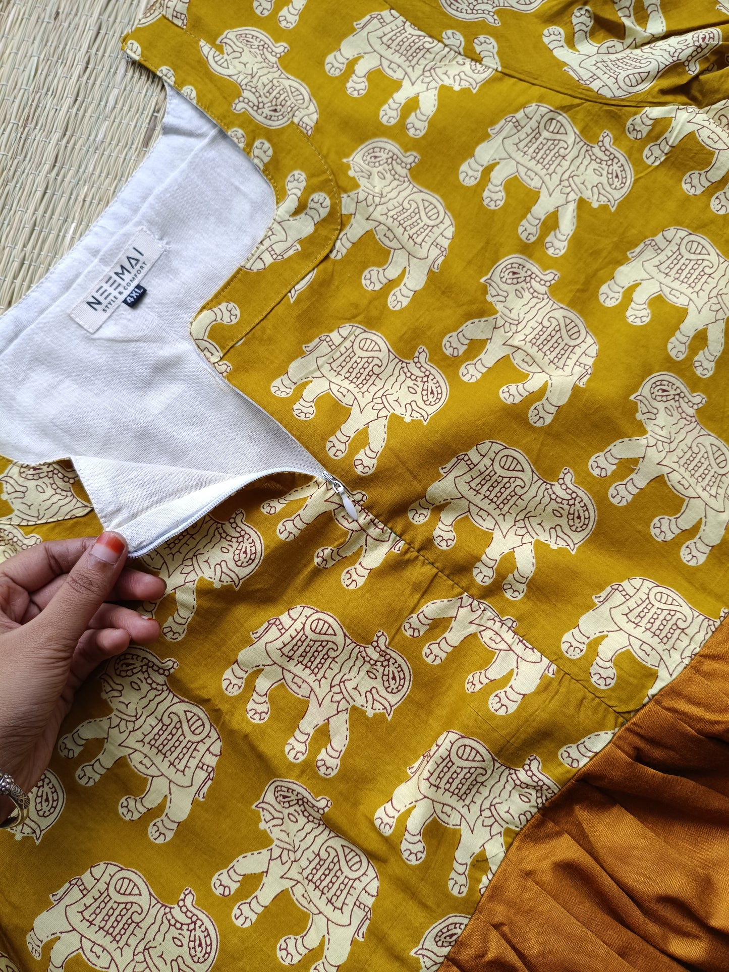 Cotton / Raw silk Maternity Maxi/Gown in center zip - Festival Collection- Full cotton lining - Honey  with yellow pichwai