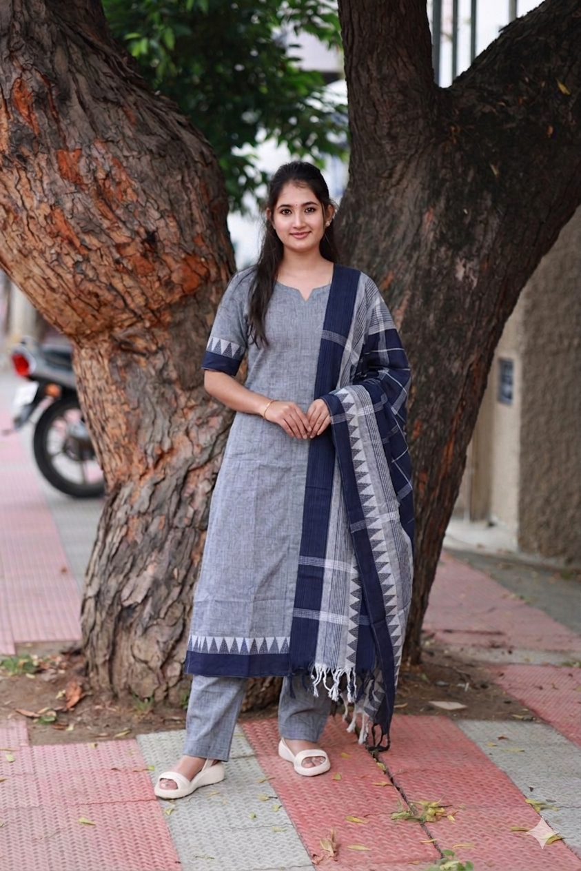 Handloom cotton Maternity 3 pc chudidhar set [ Top with center zip, pant and dupatta] -  Grey and blue