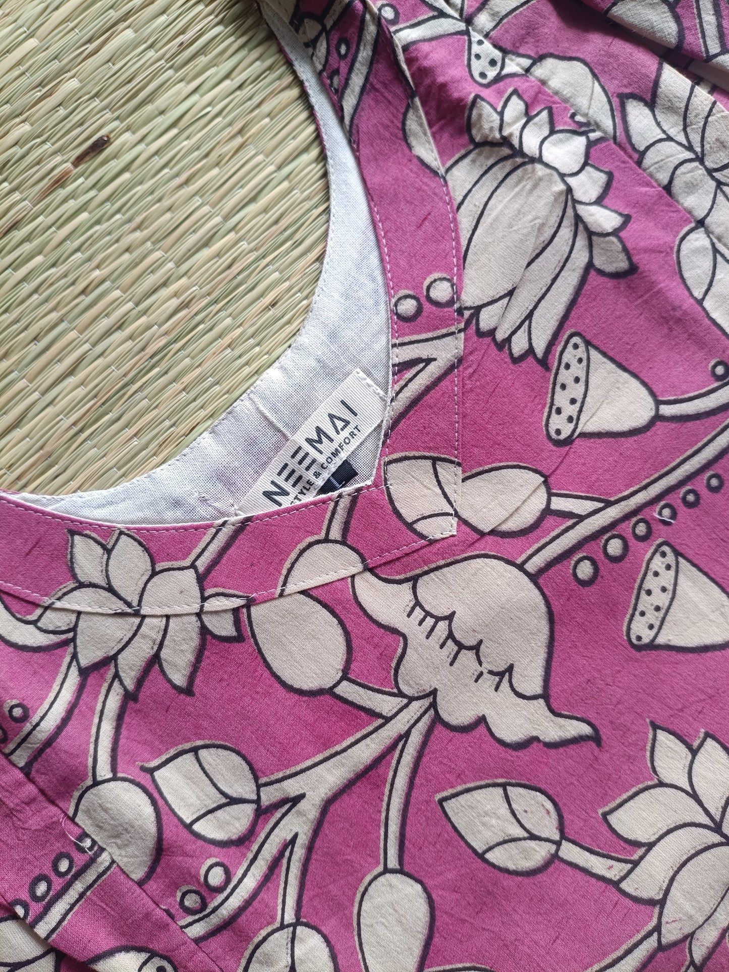 Block printed kalamkari cotton Maternity 2 pc chudidhar set [ Top with double side zip, and dupatta - Pink Flower