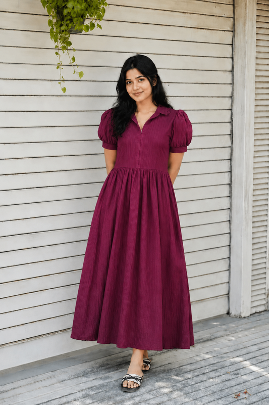 Prewashed handloom Cotton - Feeding/ Maternity Maxi/Gown - Cotton lining /Center zip -Collar Maroon Stripe