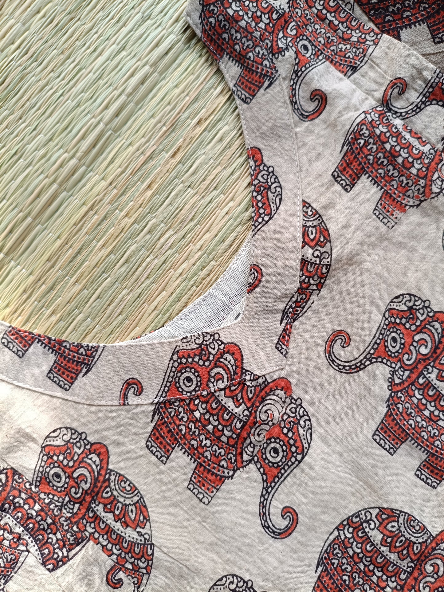 Block printed kalamkari cotton Maternity 2 pc chudidhar set [ Top with double side zip, and dupatta - Orange elephant