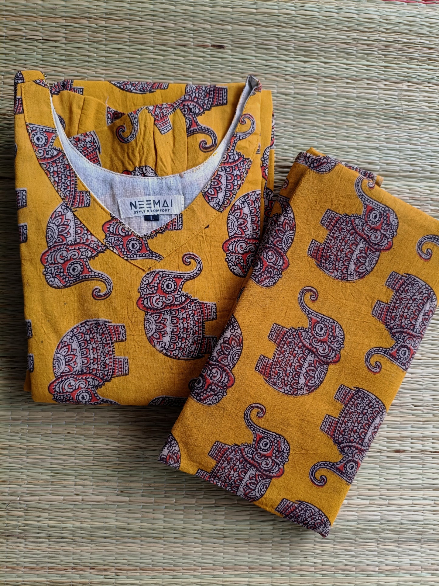Block printed kalamkari cotton Maternity 2 pc chudidhar set [ Top with double side zip, and dupatta - Yellow elephant