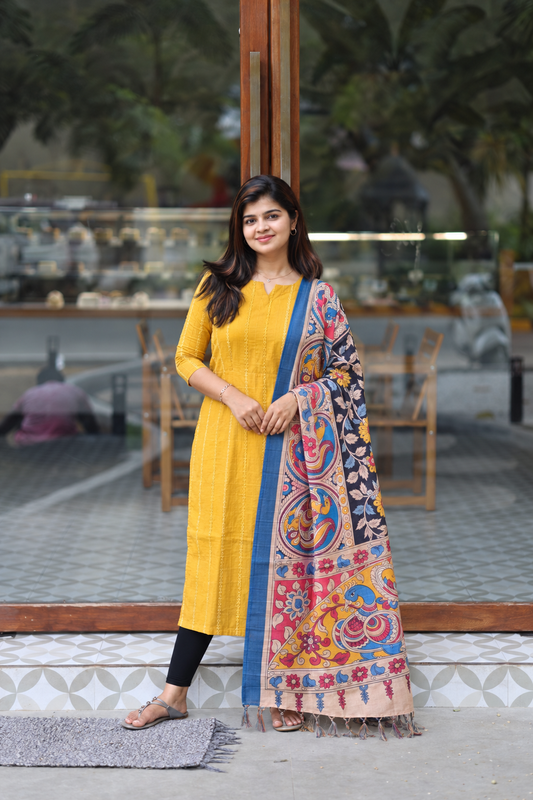 Raw Silk Maternity 2 Pc Chudidhar Set –Yellow line/Double side Zip (Side Open Top + Dupatta)