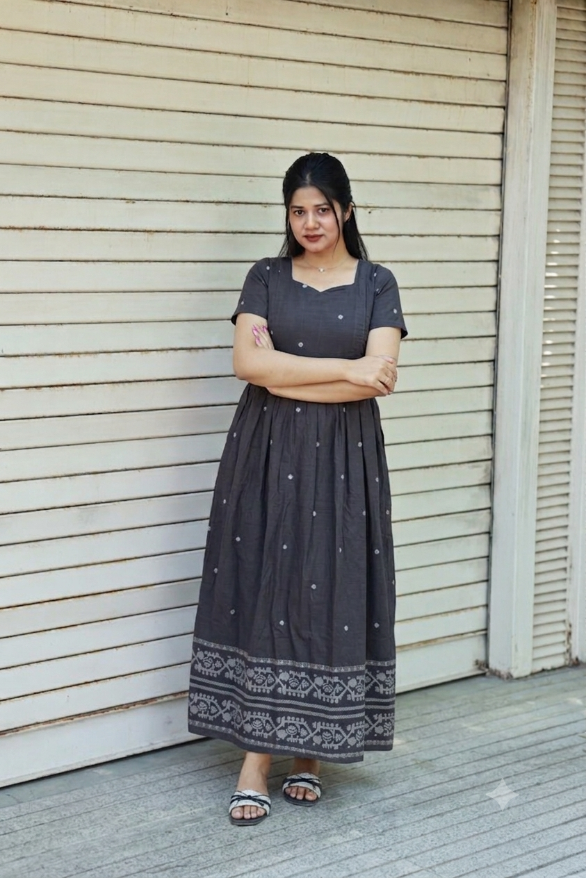 Handloom Jamdani - Maternity / Feeding - Maxi/Gown - Cotton Lining - Double side Zips - black and white