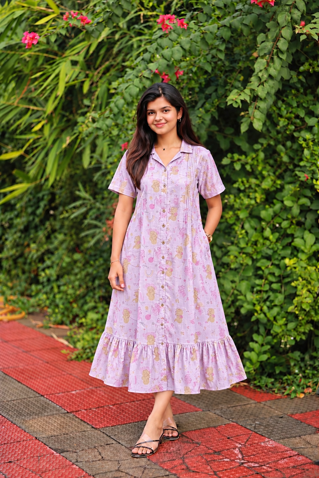 Muslin Collar A line Dress (Relaxed Fit)  – Light purple |Front 4 Button Openable  Maternity & Feeding/Casual wear Dress