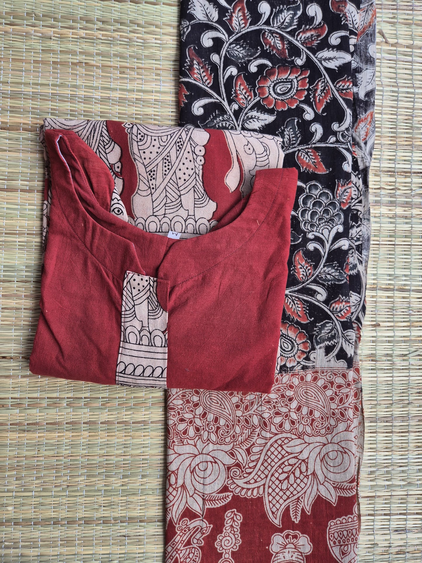 Block printed kalamkari cotton Maternity 2 pc chudidhar set [ Top with center side zip, and dupatta - Brown flower