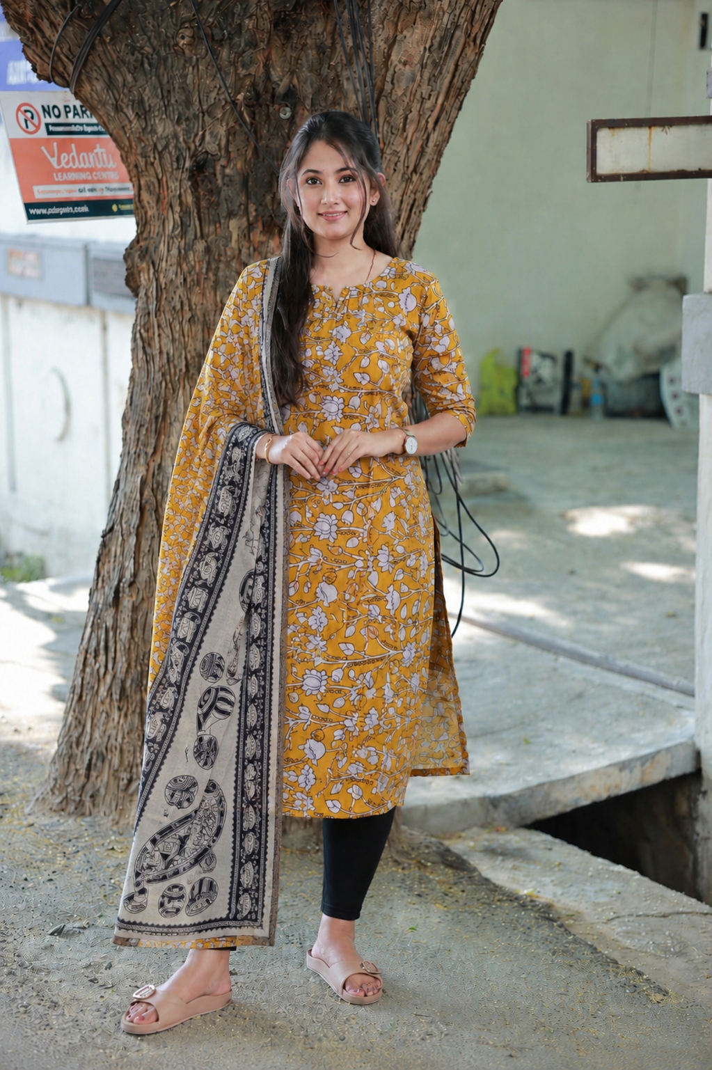 Block printed kalamkari cotton Maternity 2 pc chudidhar set [ Top with double side zip, and dupatta - Yellow flower