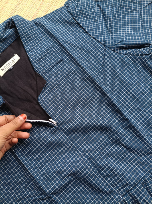 Prewashed handloom Cotton - Feeding/ Maternity Maxi/Gown - Cotton lining /Center zip -Collar Small Blue checks