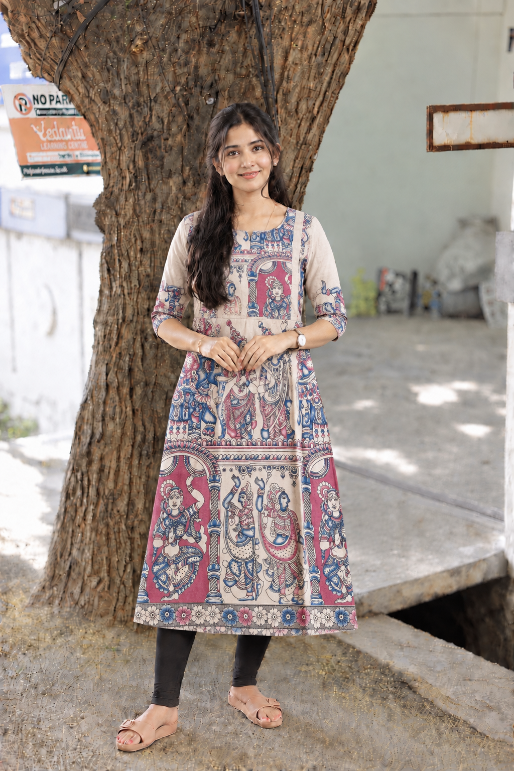 Block printed kalamkari cotton Maternity 2 pc chudidhar set [ Top with double side zip, and dupatta - Pink and blue