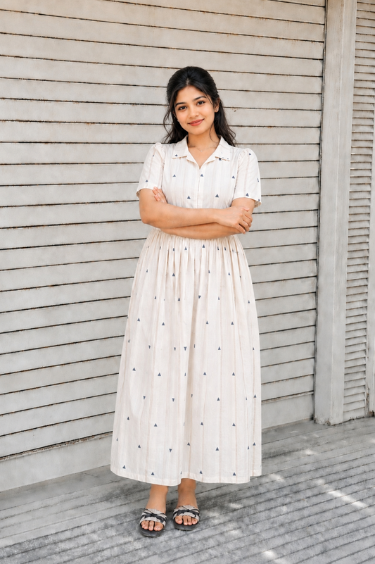 Onam special Maternity maxi / gown-Center zip- White and Green butta