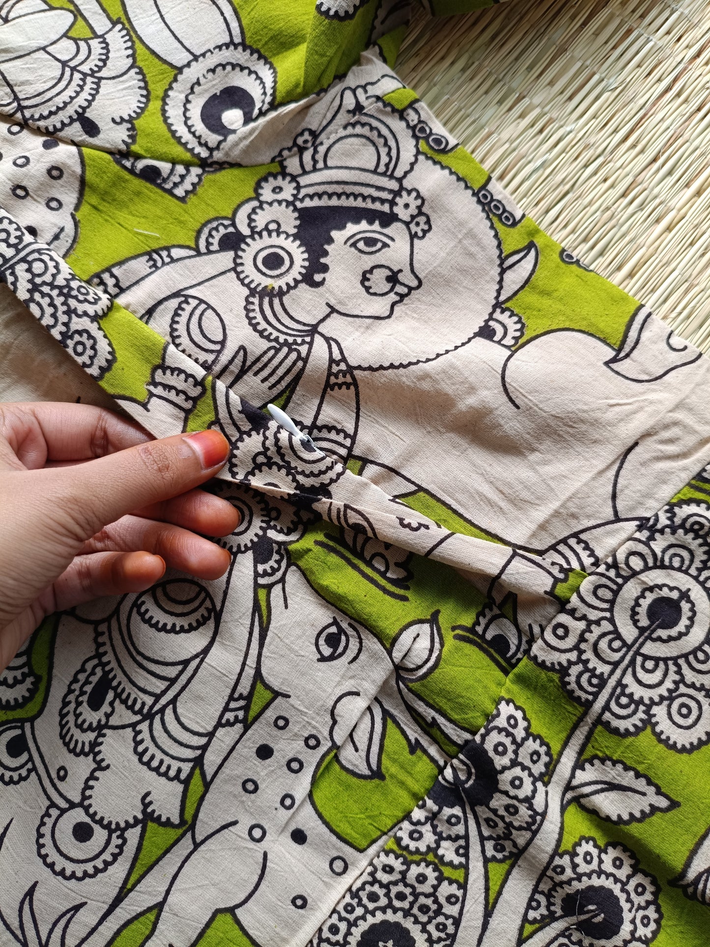 Block printed kalamkari cotton Maternity 2 pc chudidhar set [ Top with double side zip, and dupatta - Yazhi Green