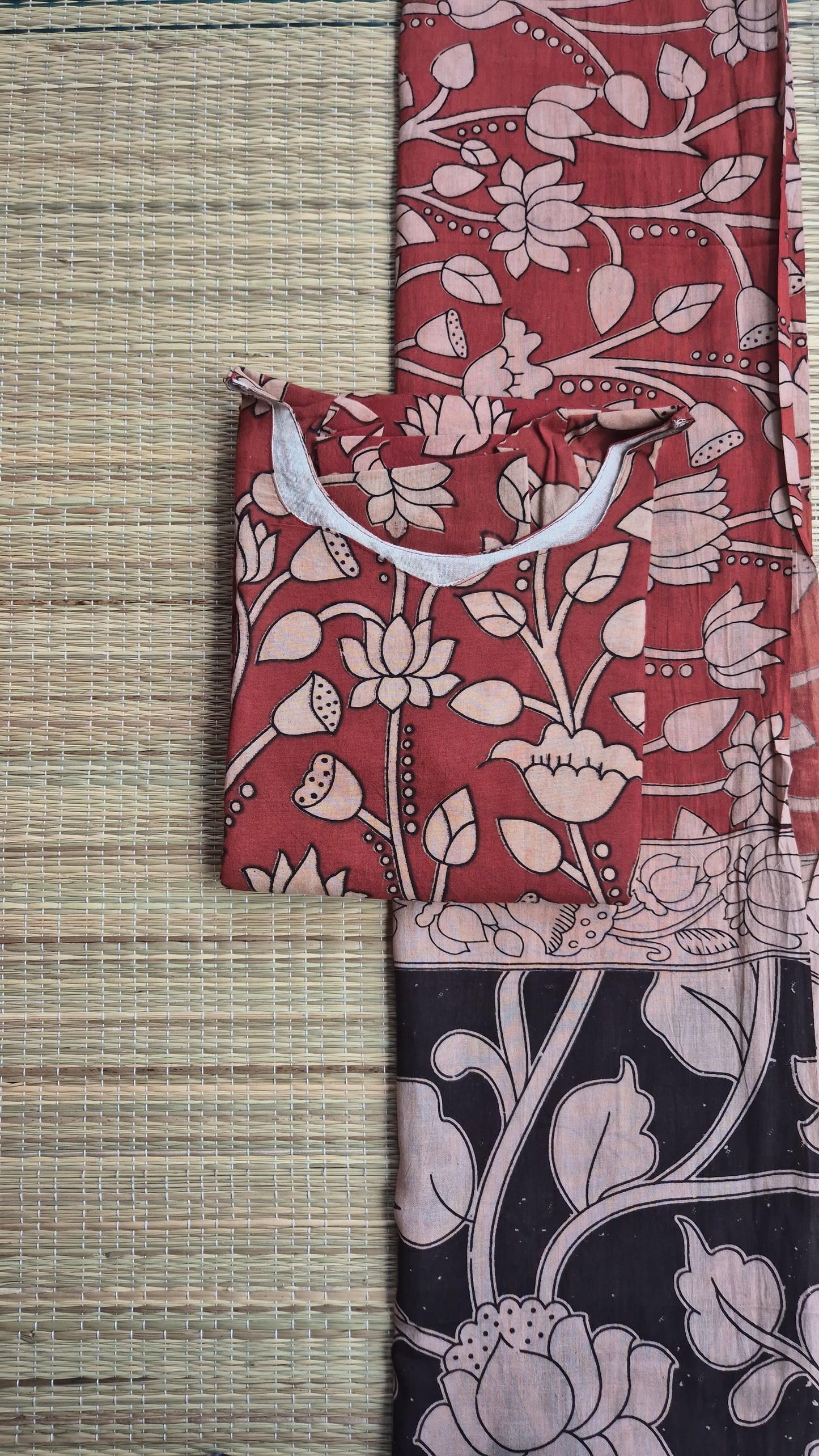 Block printed kalamkari cotton Maternity 2 pc chudidhar set [ Top with double side zip, and dupatta - Red flower