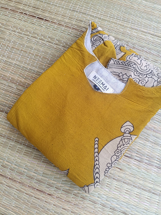 Kalamkari Cotton Maternity Feeding Gown/ Maxi /Double side zip– yellow kalamkari