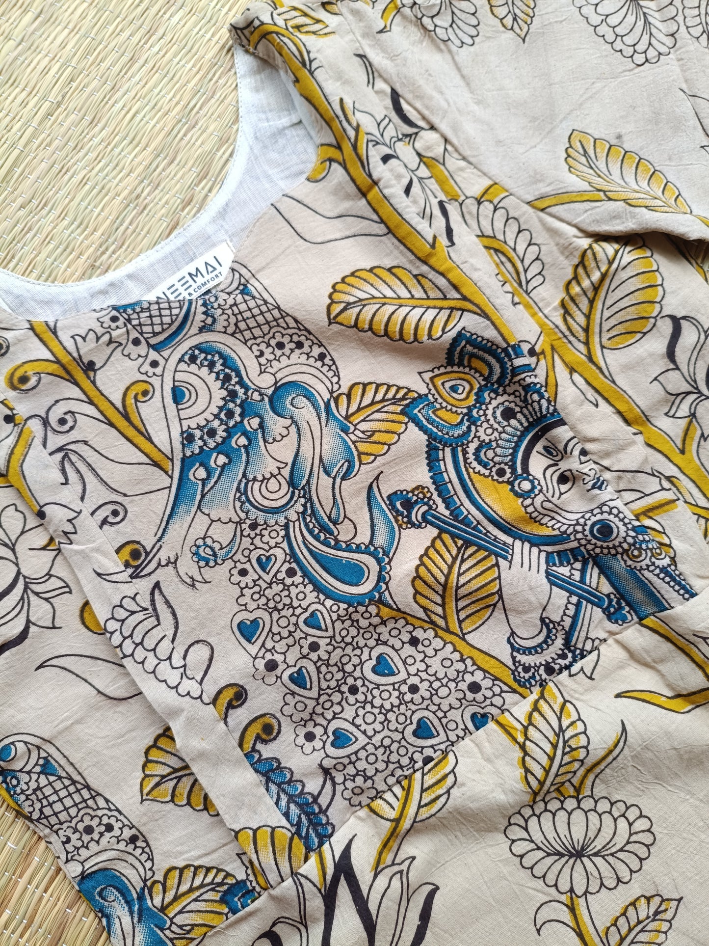 Block printed kalamkari cotton Maternity 2 pc chudidhar set [ Top with double side zip, and dupatta - Blue and yellow